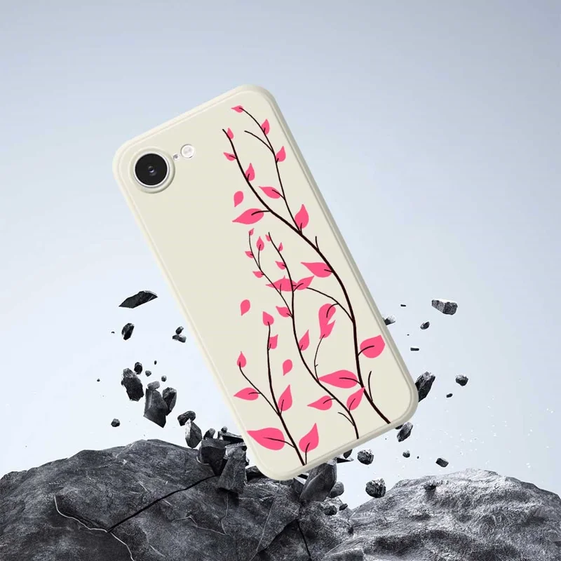 For iPhone 16e Case Red Leaves Pattern Printing Straight Edge TPU Phone Back Cover - Black