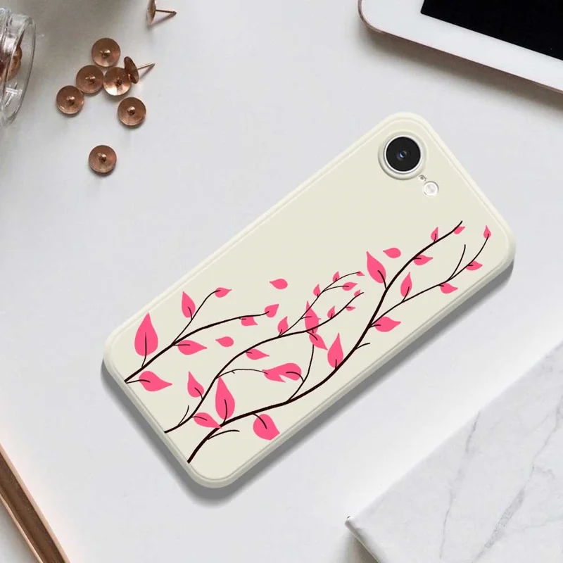 For iPhone 16e Case Red Leaves Pattern Printing Straight Edge TPU Phone Back Cover - Black