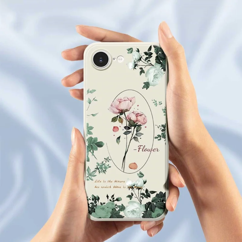 For iPhone 16e Case Roses Pattern Printing Straight Edge TPU Phone Back Cover - Green