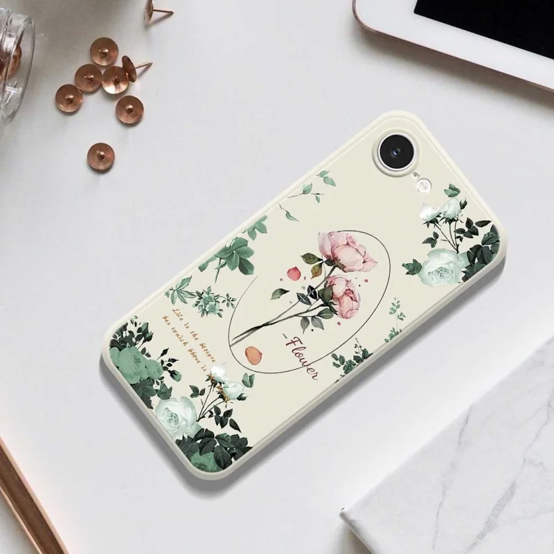For iPhone 16e Case Roses Pattern Printing Straight Edge TPU Phone Back Cover - Green