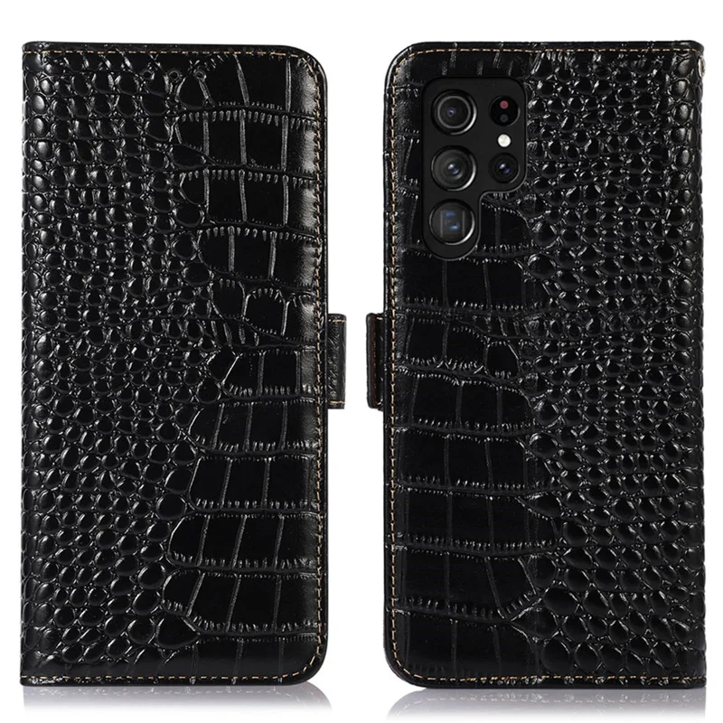 Для Samsung Galaxy S23 Ultra Genuine Cowhide Leather Wallet Case Crocodile Texture RFID Blocking Stand Magnetic Flip Phone Cover - Black