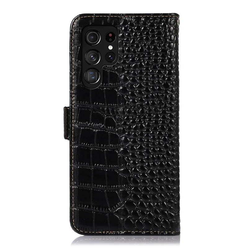 Для Samsung Galaxy S23 Ultra Genuine Cowhide Leather Wallet Case Crocodile Texture RFID Blocking Stand Magnetic Flip Phone Cover - Black