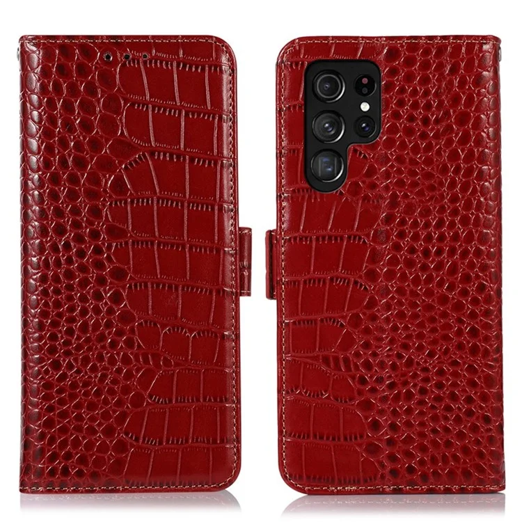 Для Samsung Galaxy S23 Ultra Genuine Cowhide Leather Wallet Case Crocodile Texture RFID Blocking Stand Magnetic Flip Phone Cover - Red