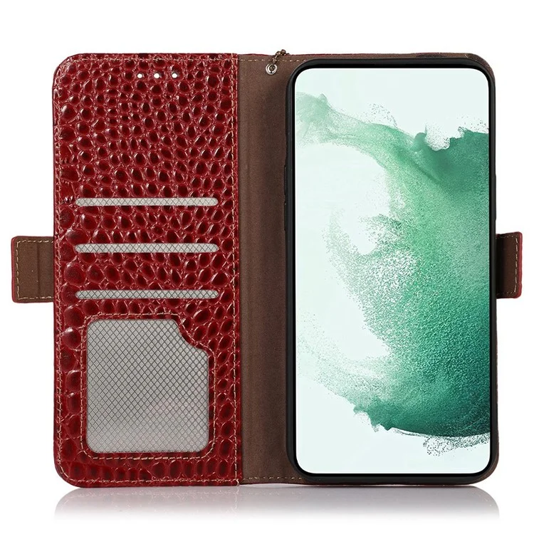 Для Samsung Galaxy S23 Ultra Genuine Cowhide Leather Wallet Case Crocodile Texture RFID Blocking Stand Magnetic Flip Phone Cover - Red