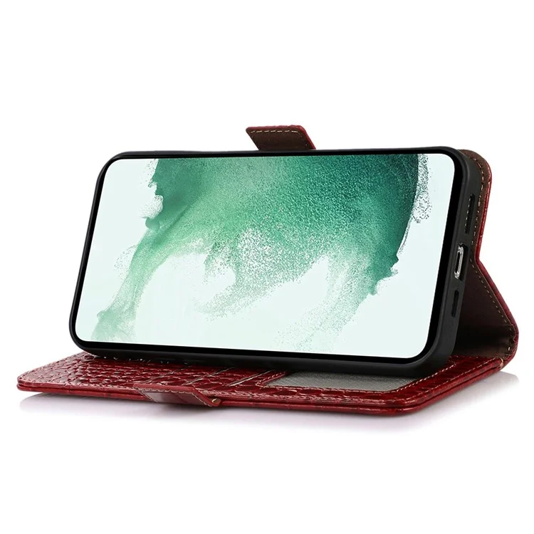 Для Samsung Galaxy S23 Ultra Genuine Cowhide Leather Wallet Case Crocodile Texture RFID Blocking Stand Magnetic Flip Phone Cover - Red