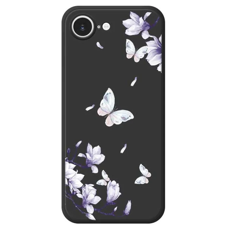 For iPhone 16e Case Butterfly Magnolia Pattern Printing Straight Edge TPU Phone Back Cover - Black
