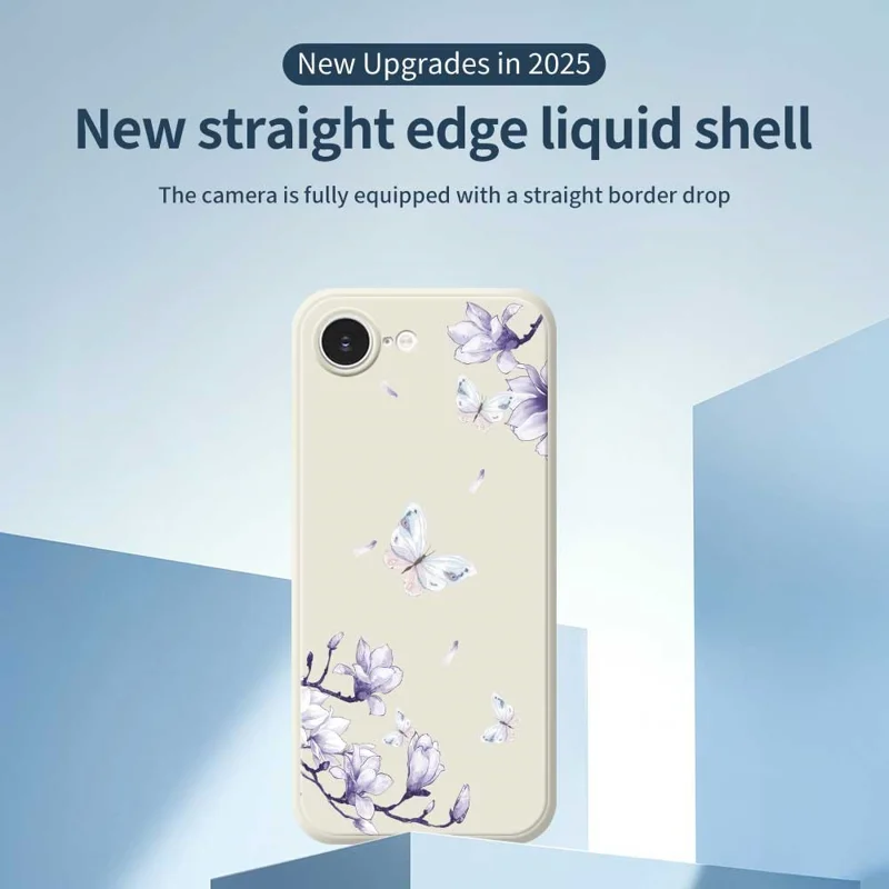 For iPhone 16e Case Butterfly Magnolia Pattern Printing Straight Edge TPU Phone Back Cover - Black