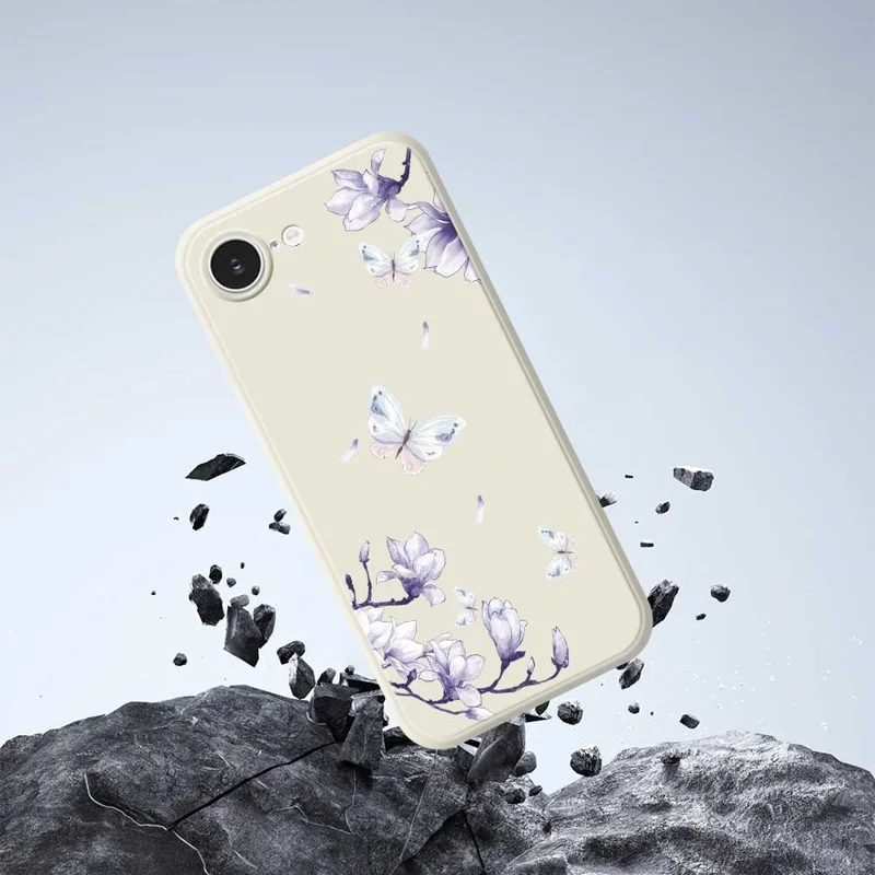 For iPhone 16e Case Butterfly Magnolia Pattern Printing Straight Edge TPU Phone Back Cover - Black