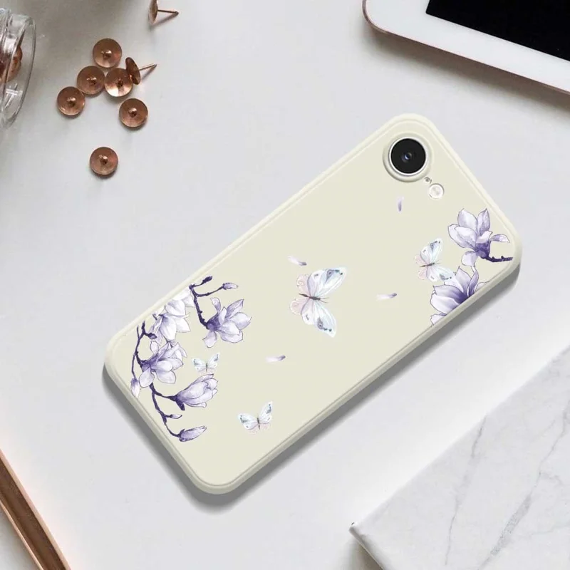 For iPhone 16e Case Butterfly Magnolia Pattern Printing Straight Edge TPU Phone Back Cover - Black