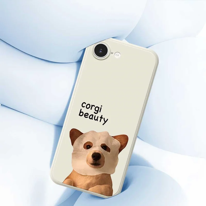 For iPhone 16e Case Cute Corgi Beauty Pattern Printing Straight Edge TPU Phone Back Cover - Beige