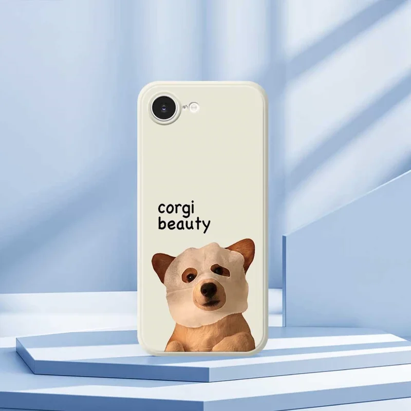 For iPhone 16e Case Cute Corgi Beauty Pattern Printing Straight Edge TPU Phone Back Cover - Beige