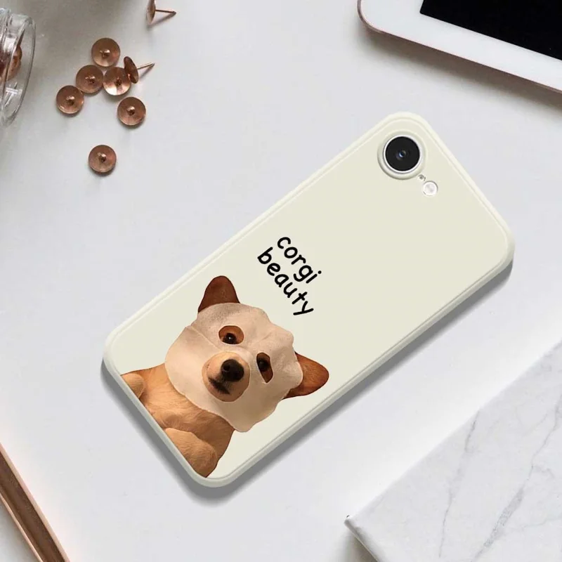 For iPhone 16e Case Cute Corgi Beauty Pattern Printing Straight Edge TPU Phone Back Cover - Beige