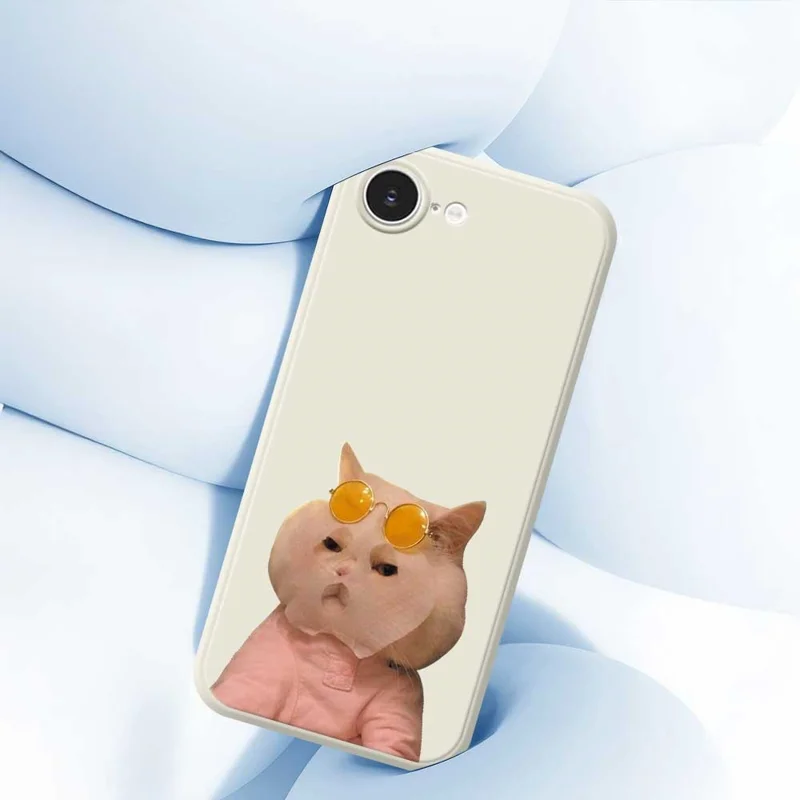 For iPhone 16e Case Cute Glasses Cat Beauty Pattern Printing Straight Edge TPU Phone Back Cover - Beige