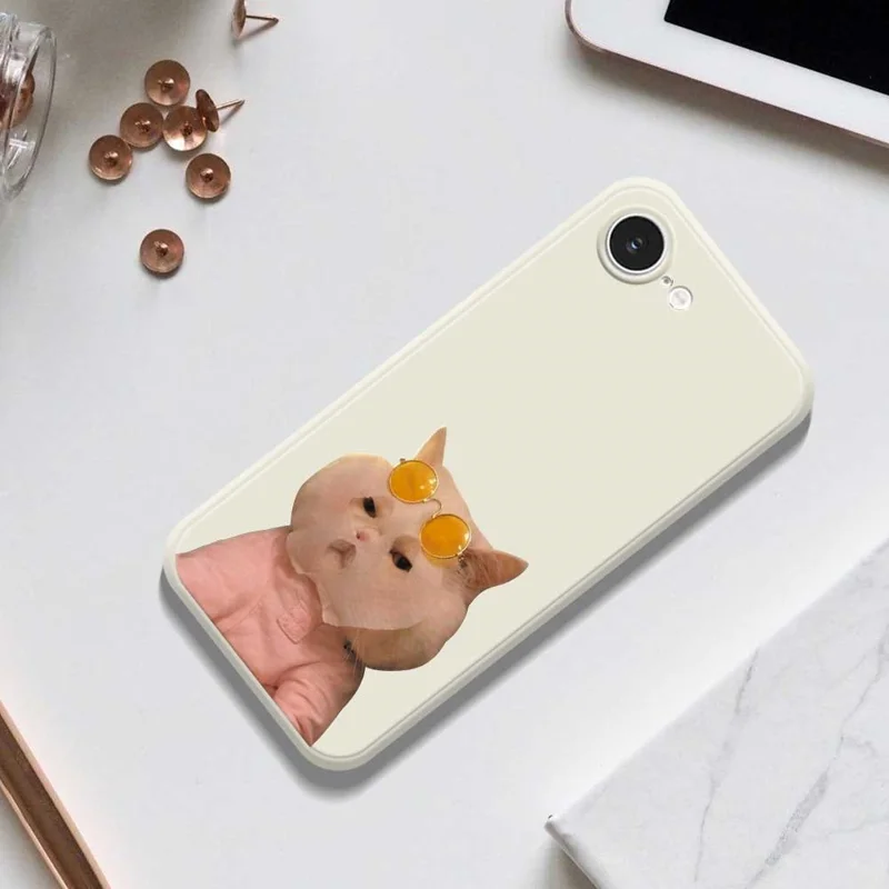 For iPhone 16e Case Cute Glasses Cat Beauty Pattern Printing Straight Edge TPU Phone Back Cover - Beige