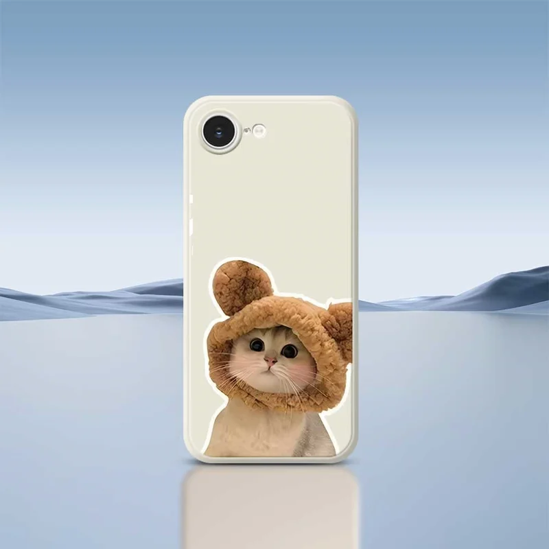 For iPhone 16e Case Cute Cat in the Hat Pattern Printing Straight Edge TPU Phone Back Cover - Beige