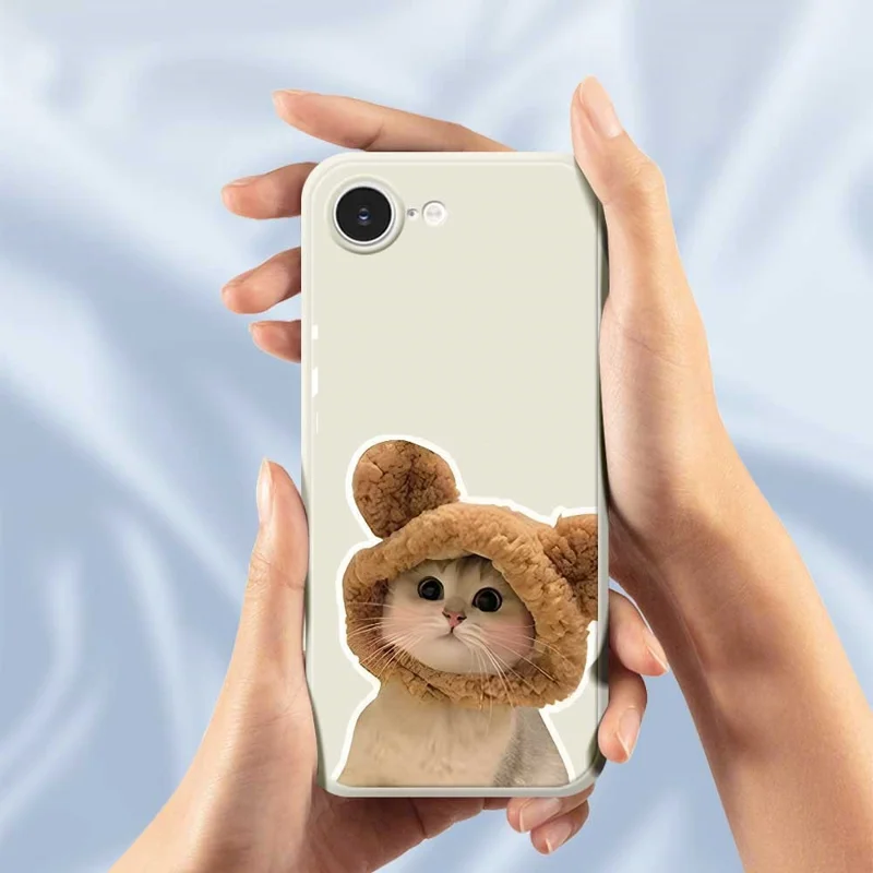 For iPhone 16e Case Cute Cat in the Hat Pattern Printing Straight Edge TPU Phone Back Cover - Beige