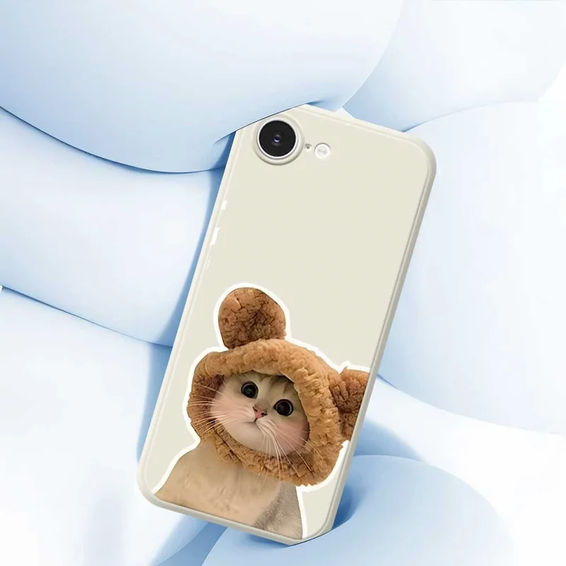 For iPhone 16e Case Cute Cat in the Hat Pattern Printing Straight Edge TPU Phone Back Cover - Beige