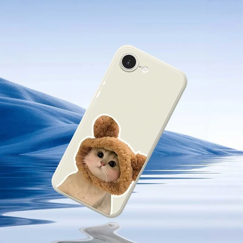 For iPhone 16e Case Cute Cat in the Hat Pattern Printing Straight Edge TPU Phone Back Cover - Beige