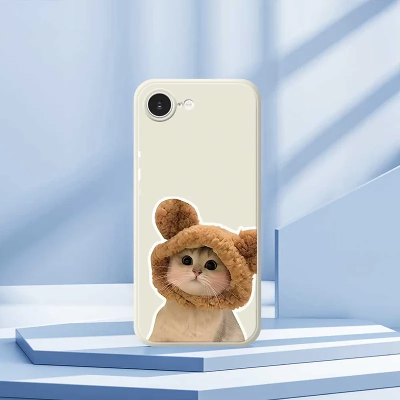 For iPhone 16e Case Cute Cat in the Hat Pattern Printing Straight Edge TPU Phone Back Cover - Beige