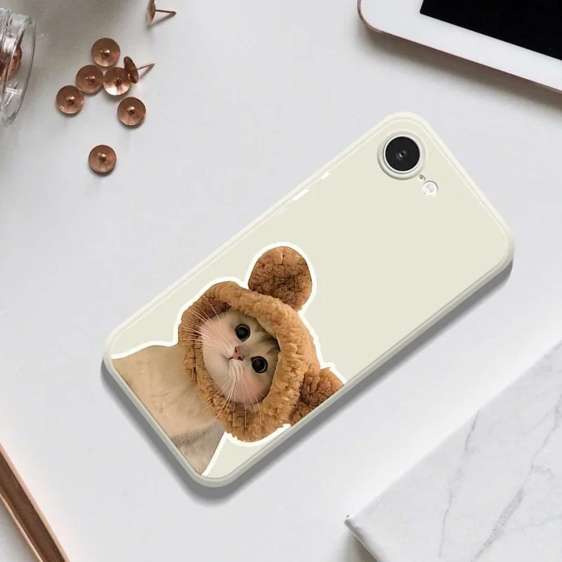For iPhone 16e Case Cute Cat in the Hat Pattern Printing Straight Edge TPU Phone Back Cover - Beige