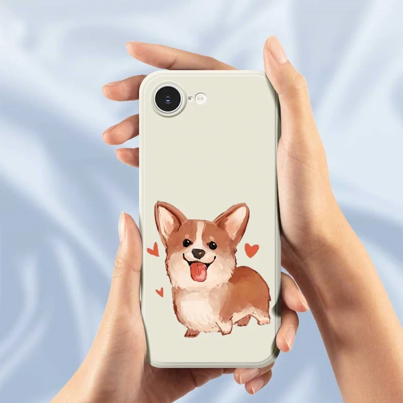For iPhone 16e Case Cute Love Corgi Pattern Printing Straight Edge TPU Phone Back Cover - Beige