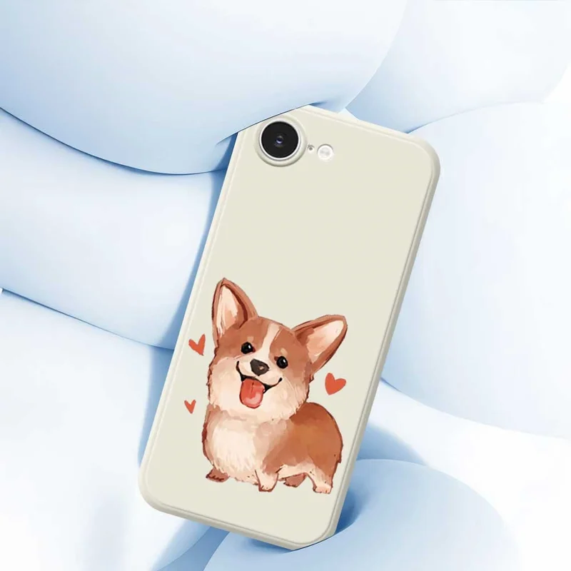 For iPhone 16e Case Cute Love Corgi Pattern Printing Straight Edge TPU Phone Back Cover - Beige