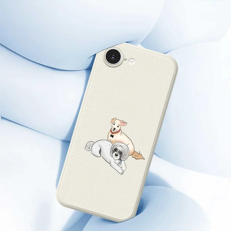 For iPhone 16e Case Two Dogs Pattern Printing Straight Edge TPU Phone Back Cover - Beige