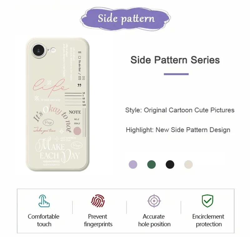 For iPhone 16e Hoesje Make Each Day Patroonbedrukking Rechte Rand TPU Telefoon Achterkant - Zwart