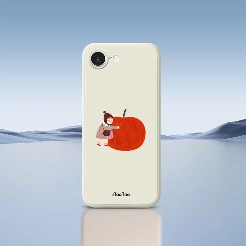For iPhone 16e Case Hug Red Apple Pattern Printing Straight Edge TPU Phone Back Cover - Beige