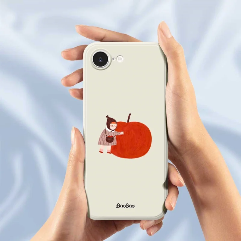 For iPhone 16e Case Hug Red Apple Pattern Printing Straight Edge TPU Phone Back Cover - Beige