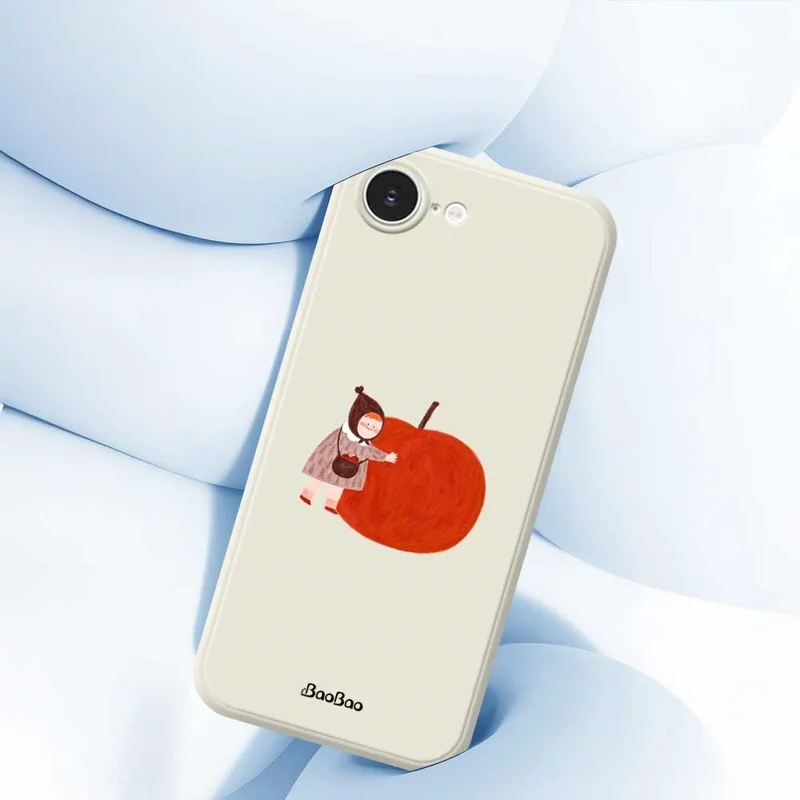 For iPhone 16e Case Hug Red Apple Pattern Printing Straight Edge TPU Phone Back Cover - Beige