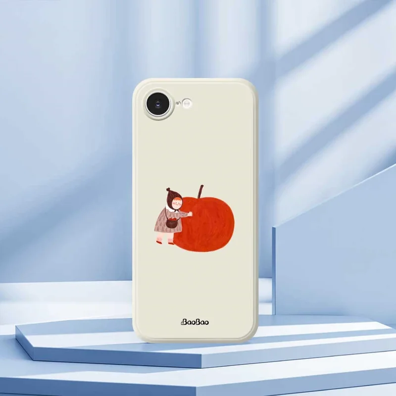 For iPhone 16e Case Hug Red Apple Pattern Printing Straight Edge TPU Phone Back Cover - Beige