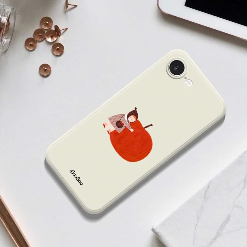 For iPhone 16e Case Hug Red Apple Pattern Printing Straight Edge TPU Phone Back Cover - Beige