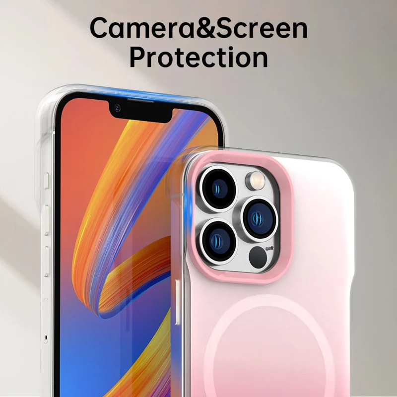 For iPhone 13 Pro Magnetic Case Gradient Design Borderless IMD TPU + PC + PET Phone Cover - Pink