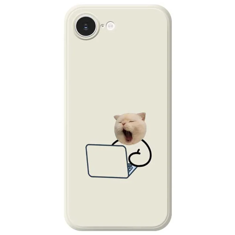 For iPhone 16e Case Working Cat Pattern Printing Straight Edge TPU Phone Back Cover - White