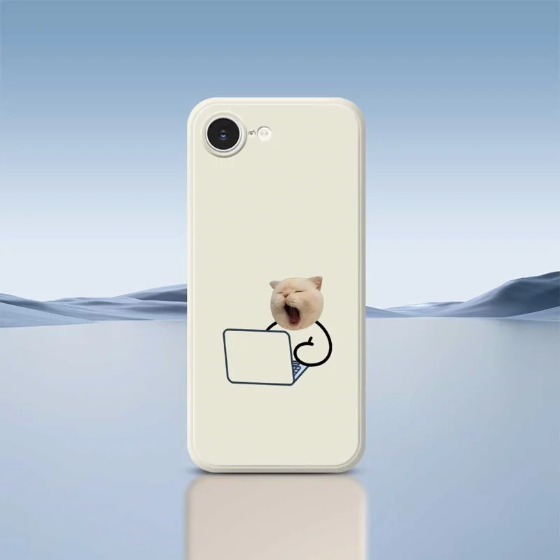For iPhone 16e Case Working Cat Pattern Printing Straight Edge TPU Phone Back Cover - White