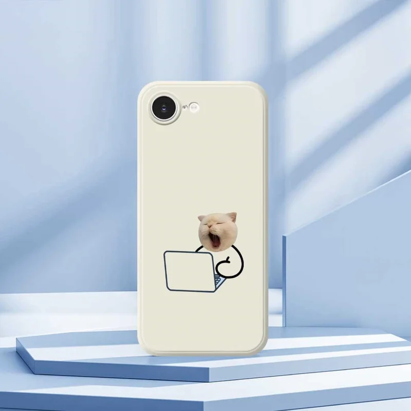 For iPhone 16e Case Working Cat Pattern Printing Straight Edge TPU Phone Back Cover - White