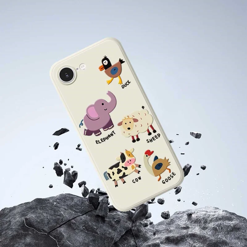 For iPhone 16e Case Five Animals Pattern Printing Straight Edge TPU Phone Back Cover - Beige