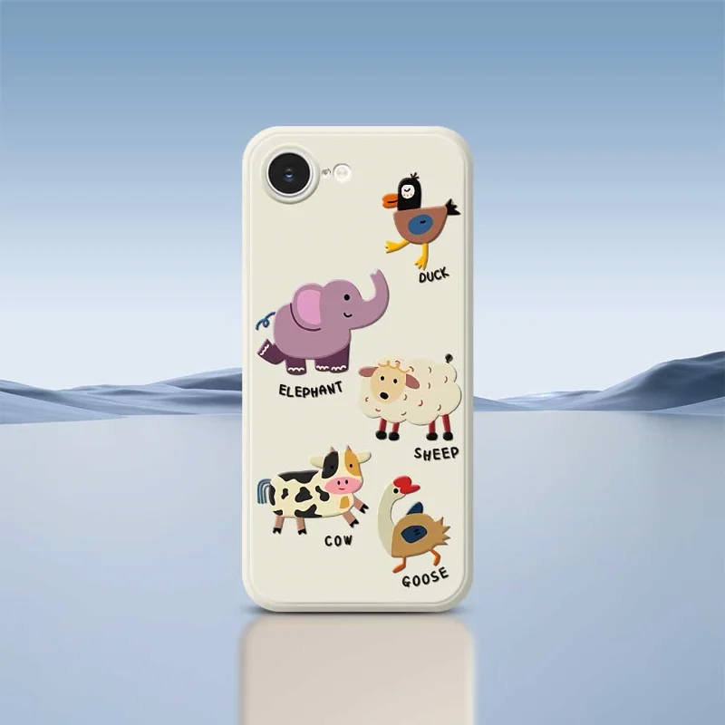 For iPhone 16e Case Five Animals Pattern Printing Straight Edge TPU Phone Back Cover - Beige