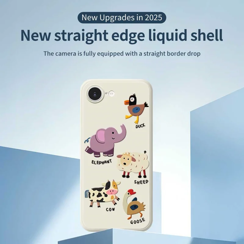 For iPhone 16e Case Five Animals Pattern Printing Straight Edge TPU Phone Back Cover - Beige