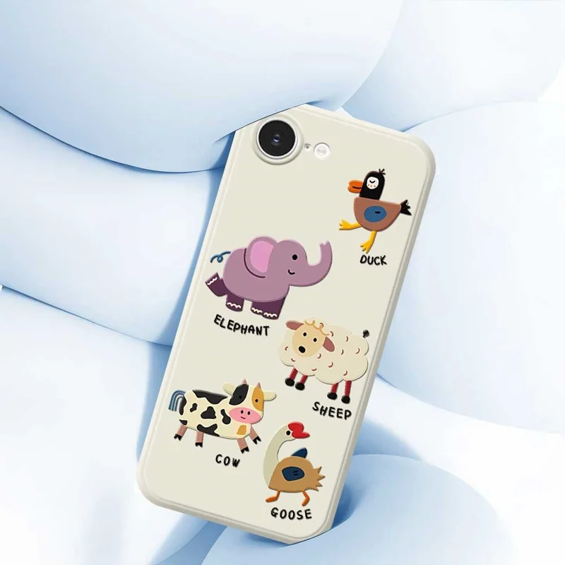 For iPhone 16e Case Five Animals Pattern Printing Straight Edge TPU Phone Back Cover - Beige