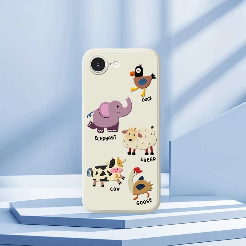 For iPhone 16e Case Five Animals Pattern Printing Straight Edge TPU Phone Back Cover - Beige