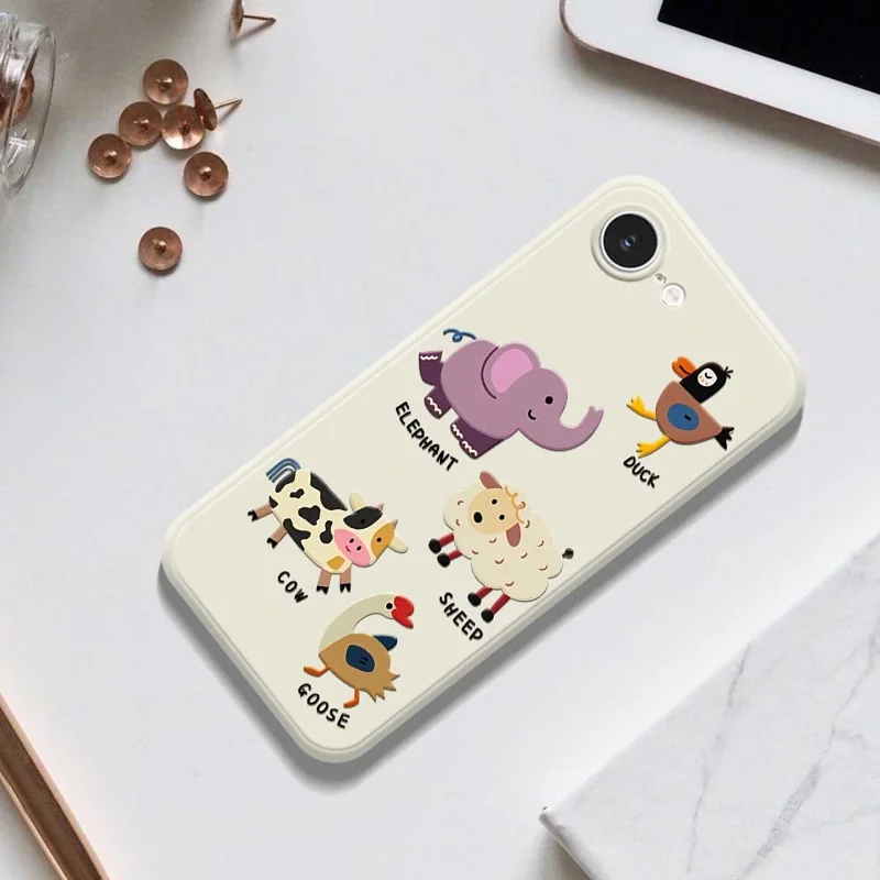 For iPhone 16e Case Five Animals Pattern Printing Straight Edge TPU Phone Back Cover - Beige