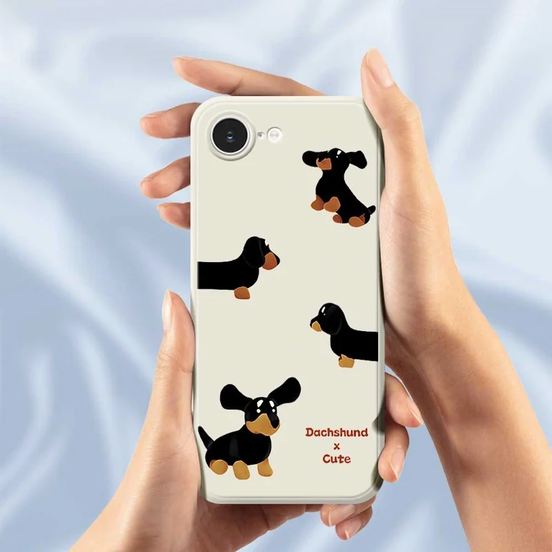 For iPhone 17e / 16e Case 4 Dachshunds Pattern Printing Straight Edge TPU Phone Back Cover - Beige