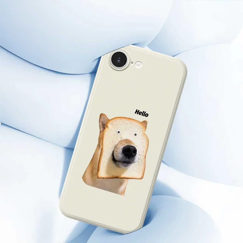 For iPhone 16e Case Toast Dog Pattern Printing Straight Edge TPU Phone Back Cover - Beige