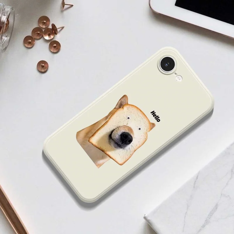 For iPhone 16e Case Toast Dog Pattern Printing Straight Edge TPU Phone Back Cover - Beige