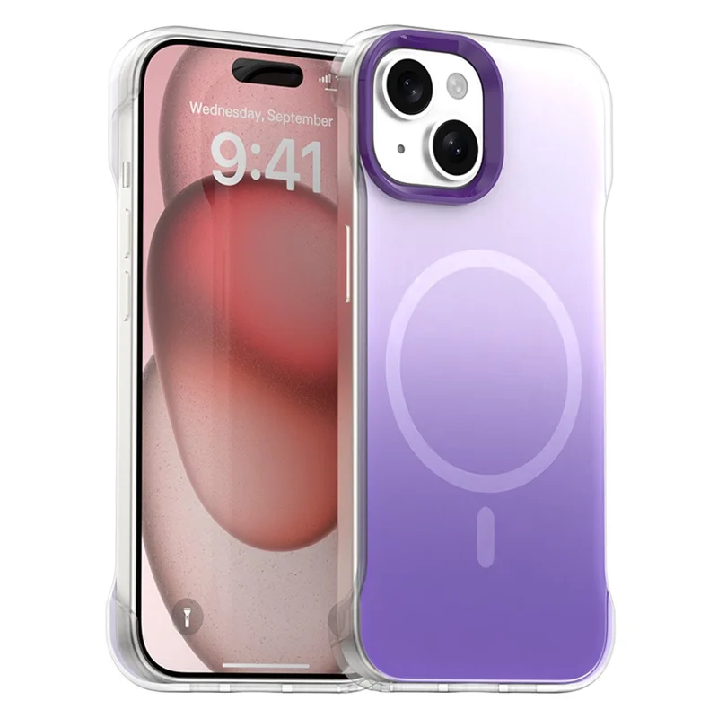 For iPhone 15 Magnetic Case Gradient Design Borderless IMD TPU + PC + PET Phone Cover - Purple