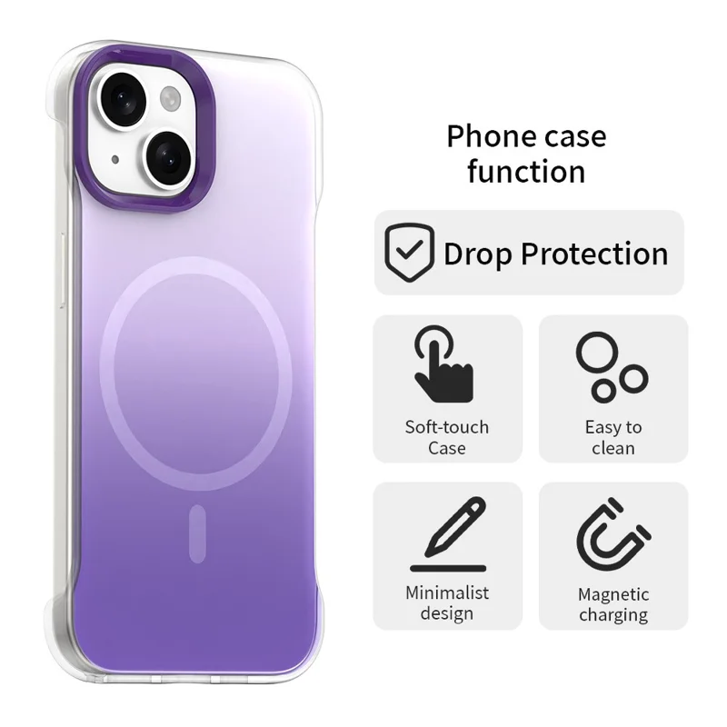 For iPhone 15 Magnetic Case Gradient Design Borderless IMD TPU + PC + PET Phone Cover - Purple