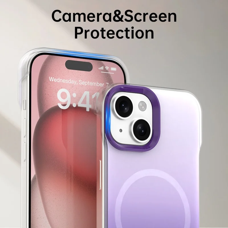 For iPhone 15 Magnetic Case Gradient Design Borderless IMD TPU + PC + PET Phone Cover - Purple