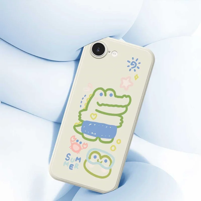 For iPhone 16e Case Frog Alligator Pattern Printing Straight Edge TPU Phone Back Cover - Beige